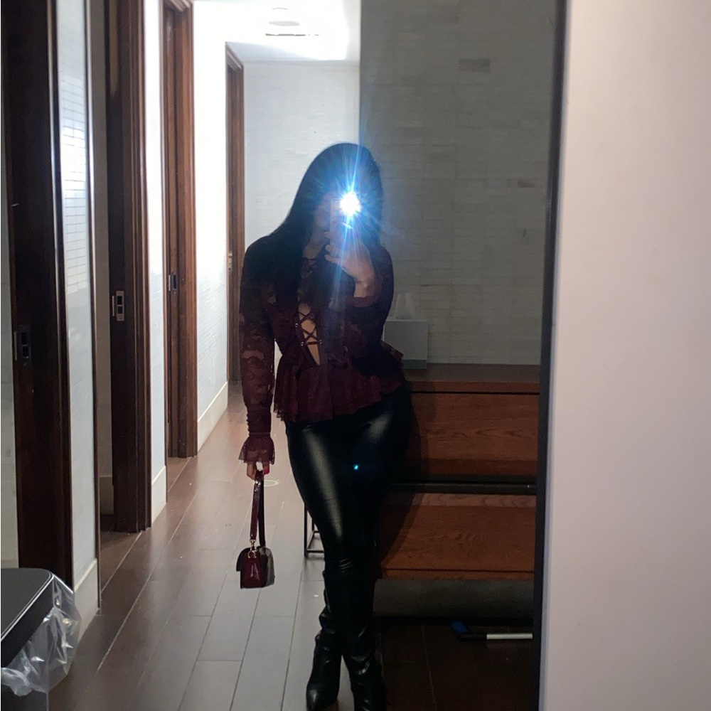 Bebe Maroon Lace-Up Ruffle Bodysuit - Picture 6 of 6